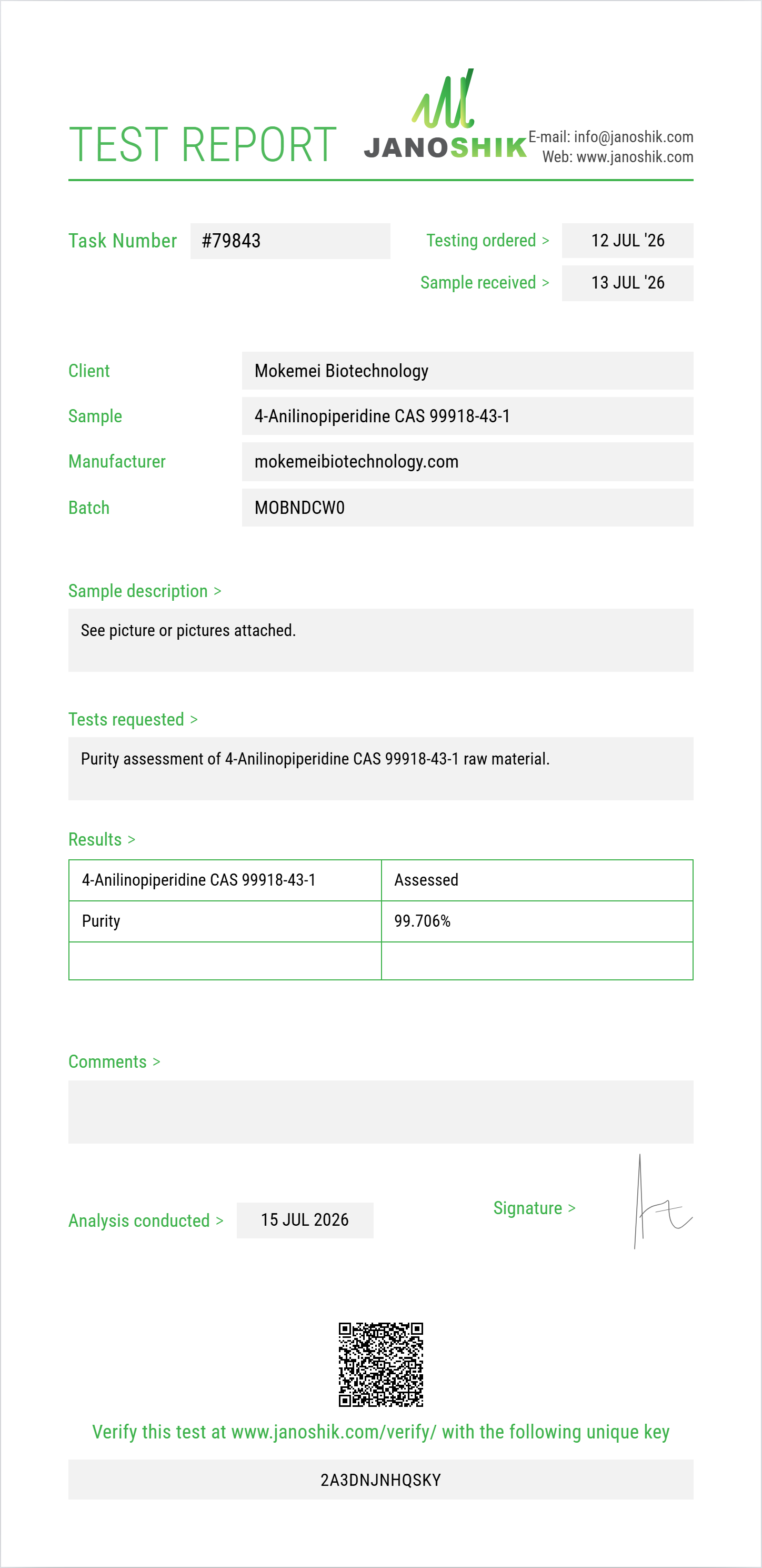 4-Anilinopiperidine CAS 99918-43-1 Purity (HPLC) report by Janoshik Analytical
