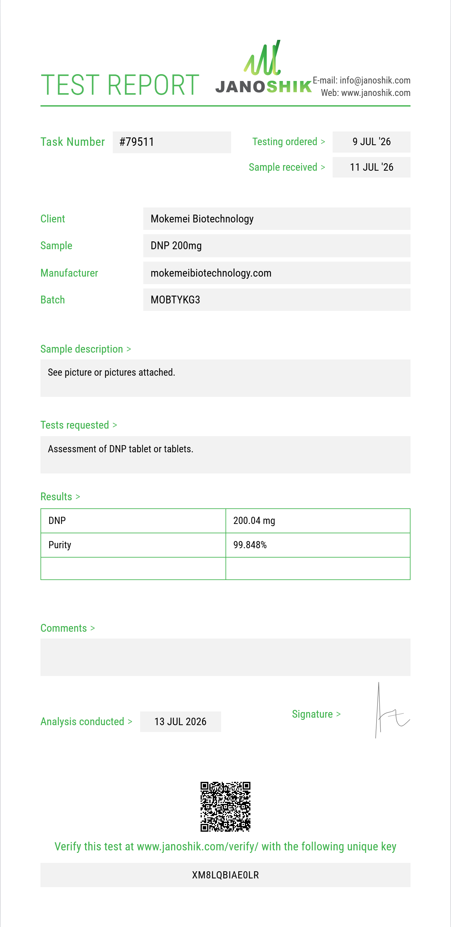 DNP Purity (HPLC) report by Janoshik Analytical