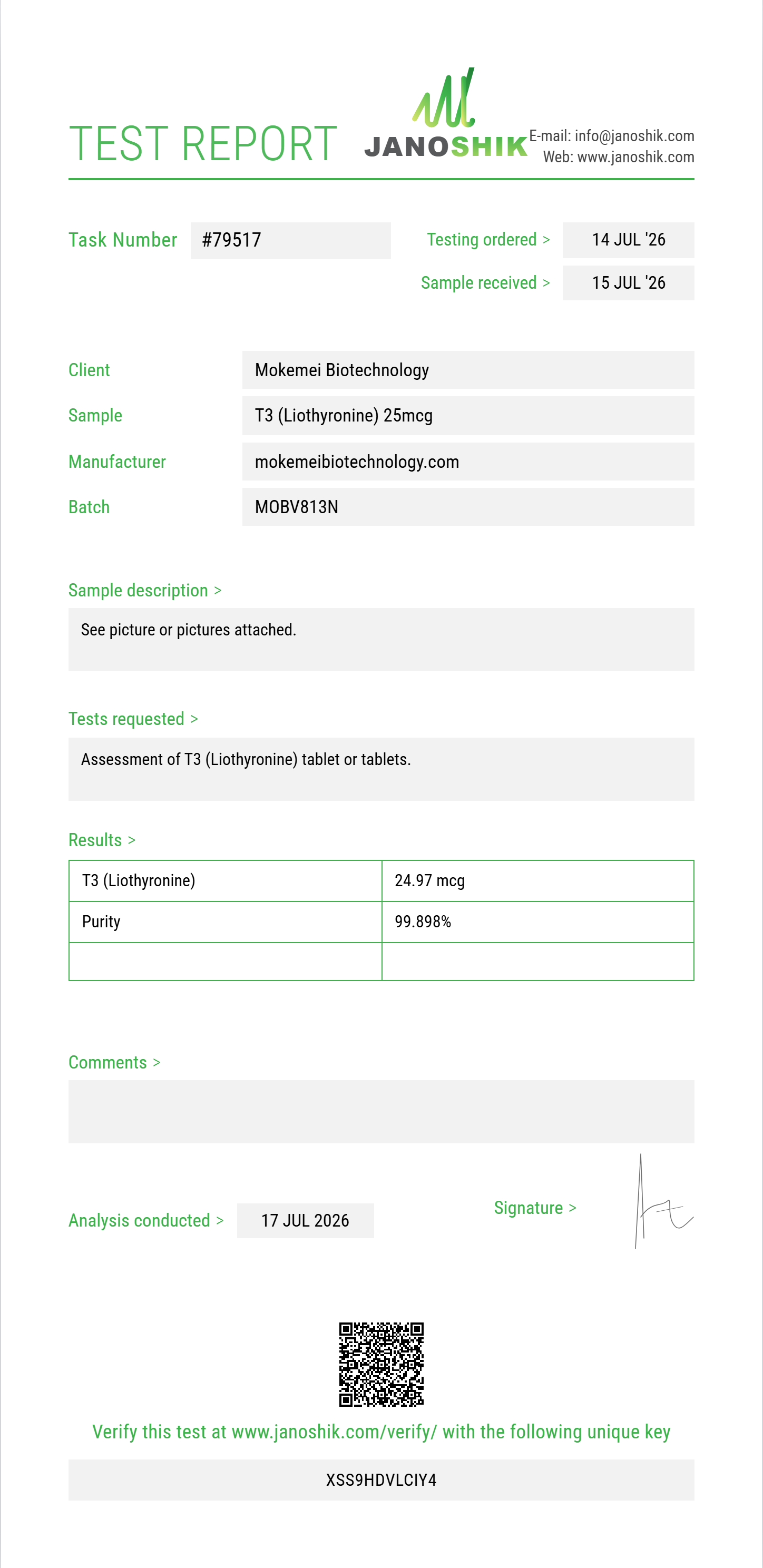 T3 (Liothyronine) Purity (HPLC) report by Janoshik Analytical