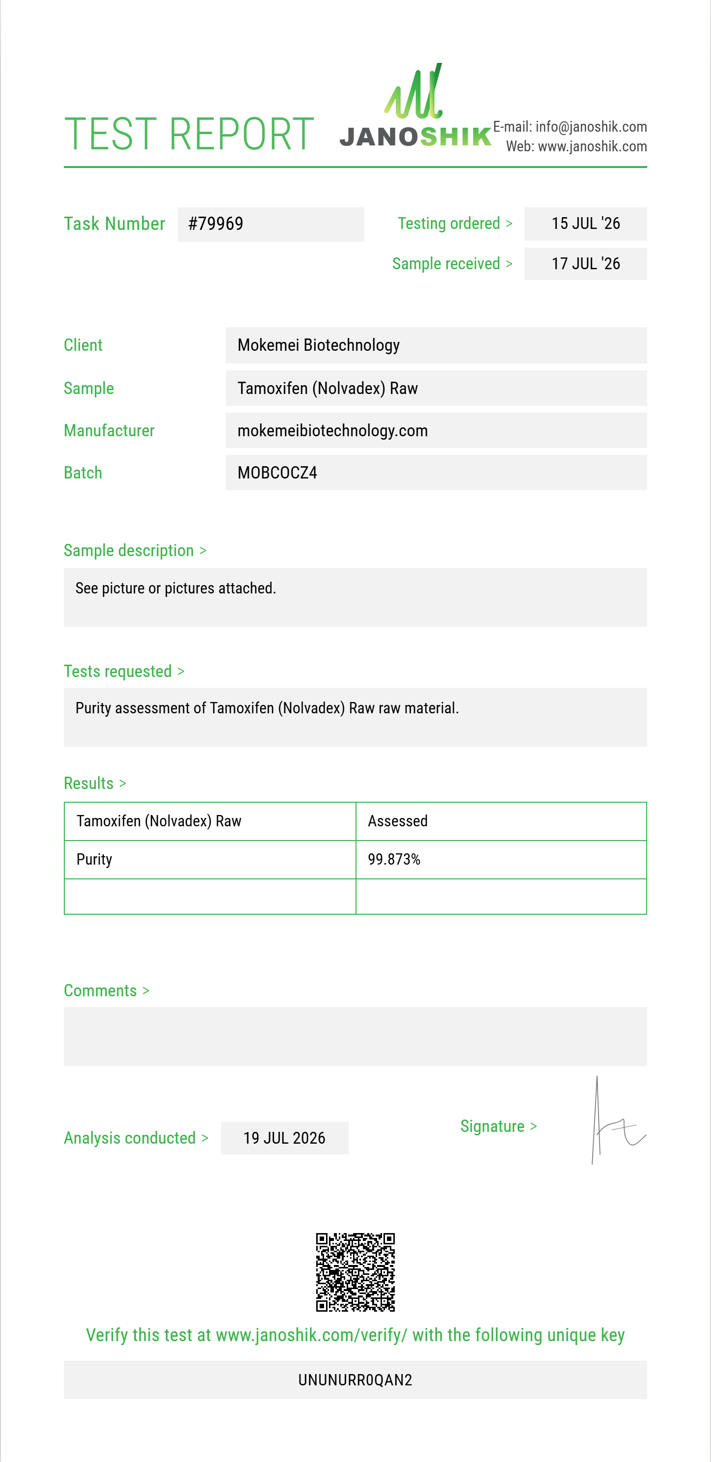 Tamoxifen (Nolvadex) Raw Purity (HPLC) report by Janoshik Analytical