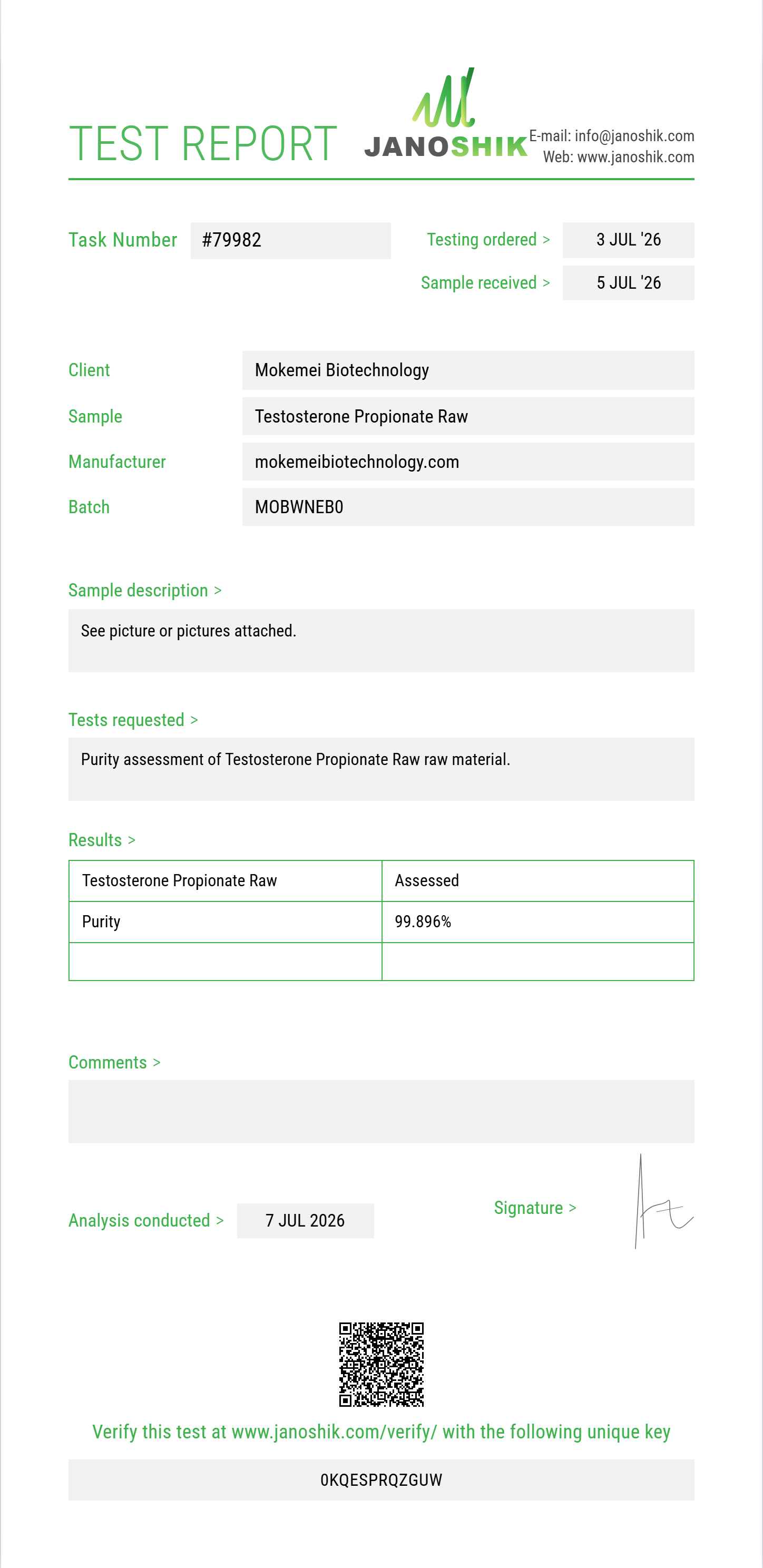 Testosterone Propionate Raw Purity (HPLC) report by Janoshik Analytical