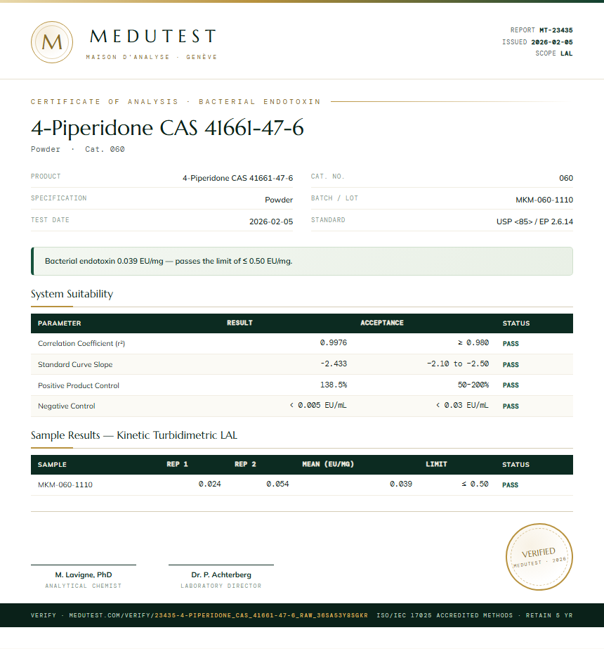 4-Piperidone CAS 41661-47-6 Endotoxin report by Medutest