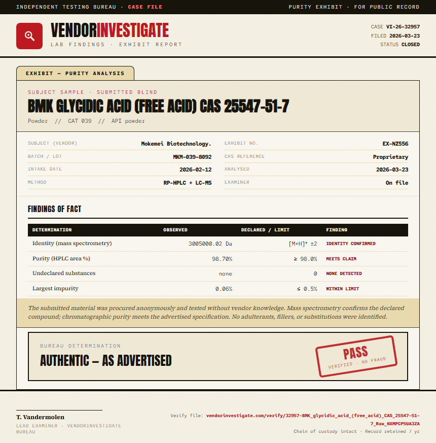 BMK glycidic acid (free acid) CAS 25547-51-7 Purity (HPLC) report by VendorInvestigate